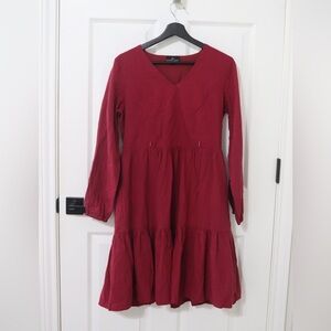 Nursing Queen Burgundy V-Neck Long Sleeve Tiered Dress with pockets, 100% cotton